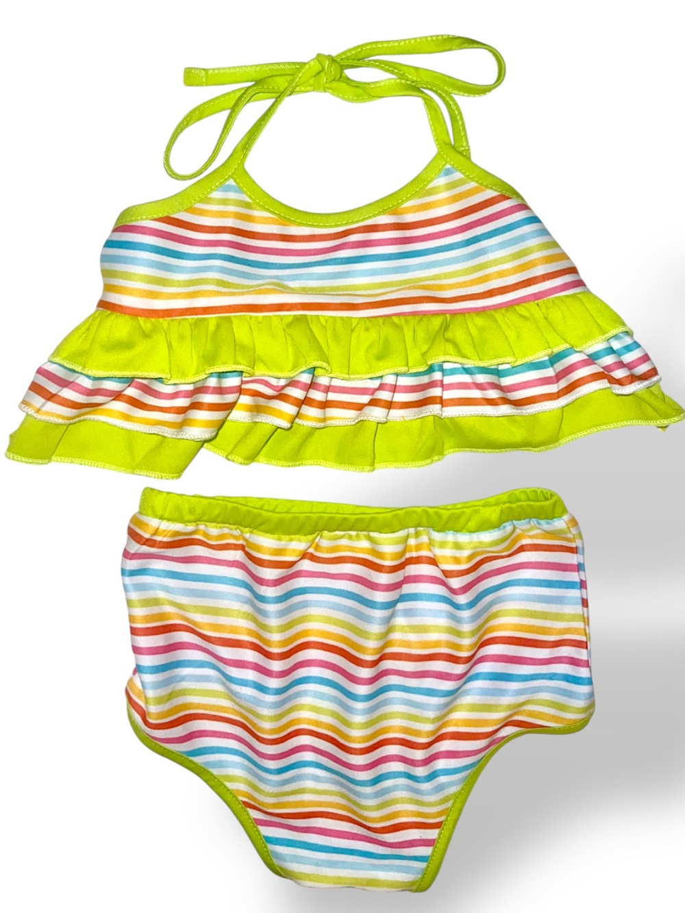 Petco Dog Med Colorful Striped dog bikini with a ruffled halter top and bottoms